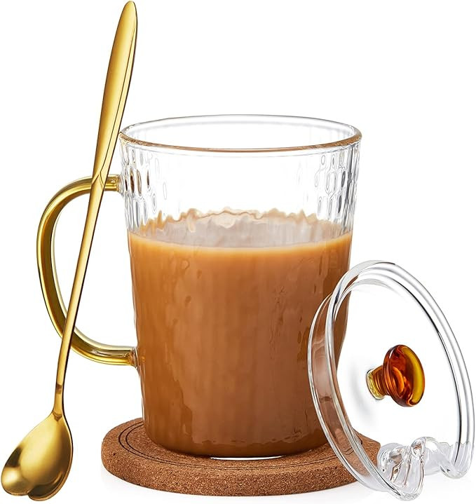 Coffee Mug,400ml/13oz Glass Mug, Borosilicate Glass Coffee Mug with Lid and Spoon , Tea Mug with ... | Amazon (US)