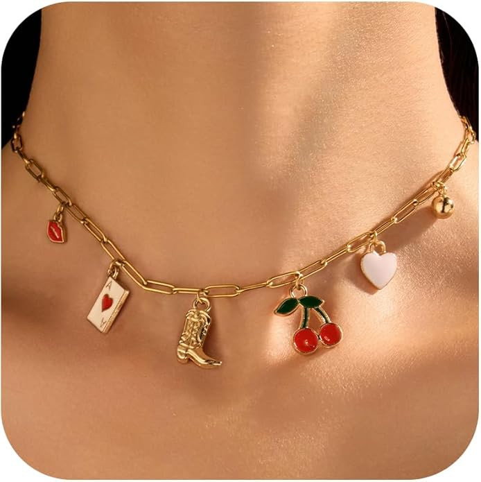 Initial Charm Necklace for Women Gold Letter Necklace Charm Pendant Western Cowgirl Cherry Heart ... | Amazon (US)