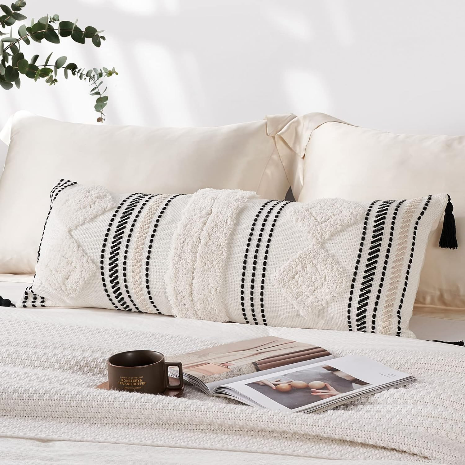 CladuSoft Decorative Lumbar Pillow Cover 14X36inch, Boho Pillow Cover for Bed, Textured Cotton Bo... | Amazon (US)