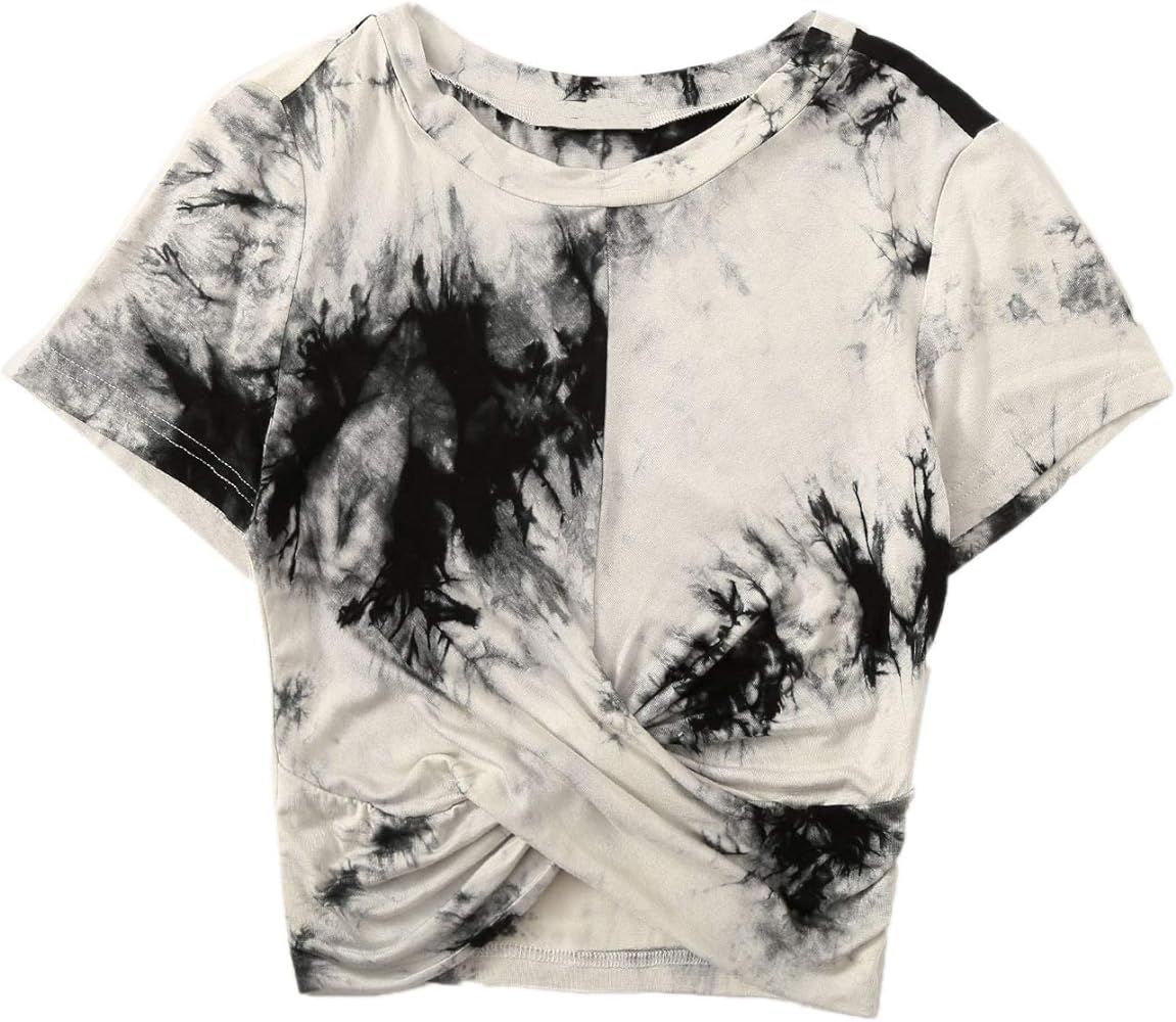 Floerns Women's Short Sleeve Tie Dye Twist Front Summer Crop Tops Tee T Shirts | Amazon (US)