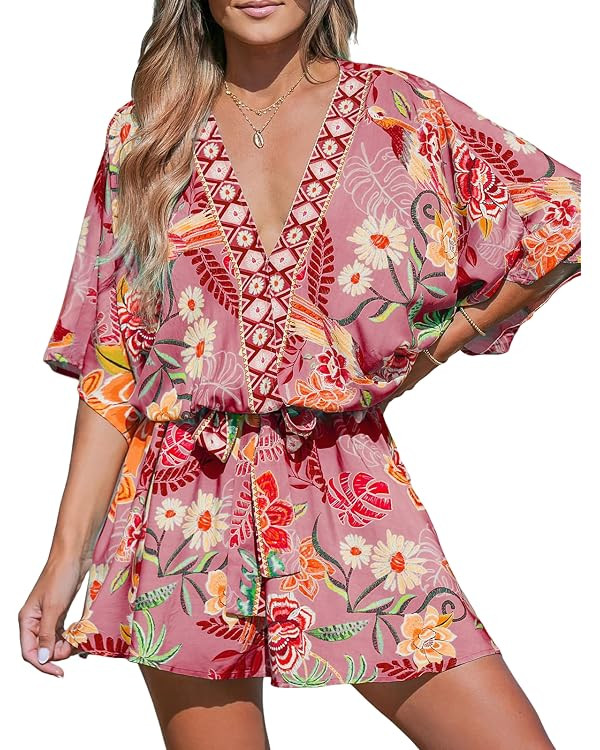 CUPSHE Women's Mini Dress V Neck Floral Half Dolman Sleeve Belted Loose Fit Short Summer Beach Dr... | Amazon (CA)