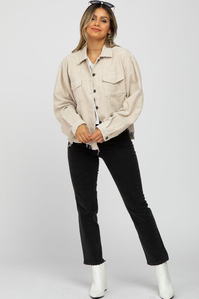 Beige Corduroy Distressed Hem Cropped Jacket | PinkBlush Maternity