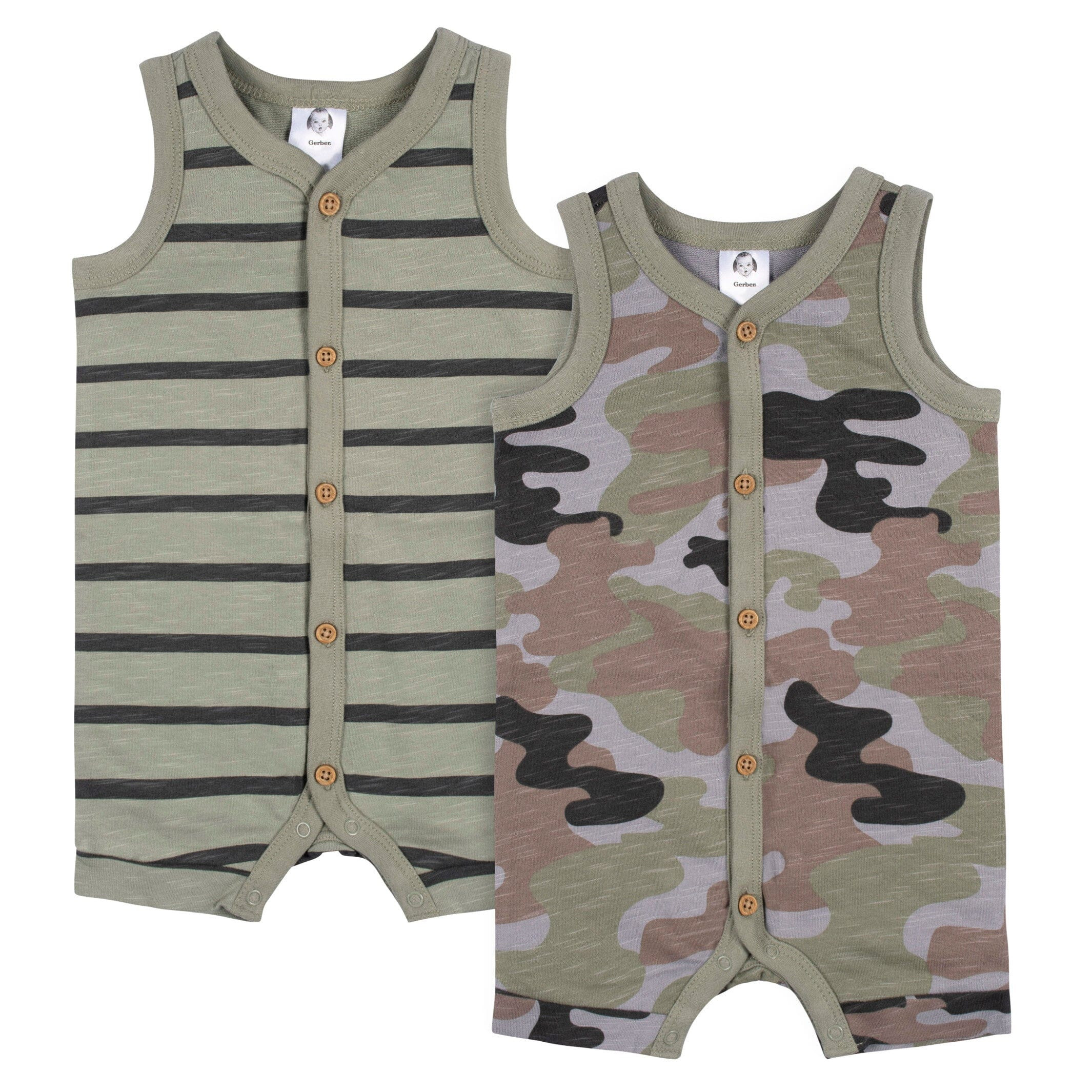 2-Pack Baby Boys Camo & Striped Short Leg Sleeveless Romper | Gerber Childrenswear