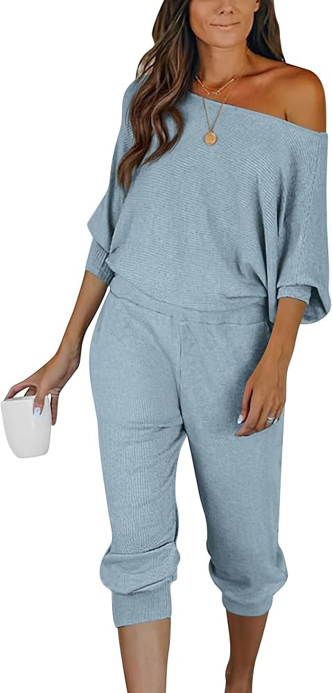PRETTYGARDEN Women's 2 Piece Ribbed Tracksuit Outfits Off Shoulder Long Sleeve Pullover Lounge Pa... | Amazon (US)
