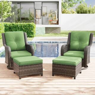 4-Piece Wicker Patio Outdoor Conversation Rocking Chair Set with Green Cushions | The Home Depot