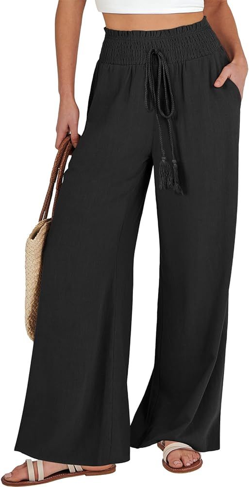 ANRABESS Women Linen Palazzo Pants Summer Casual Loose High Waist Wide Leg Long Lounge Pant Trous... | Amazon (US)