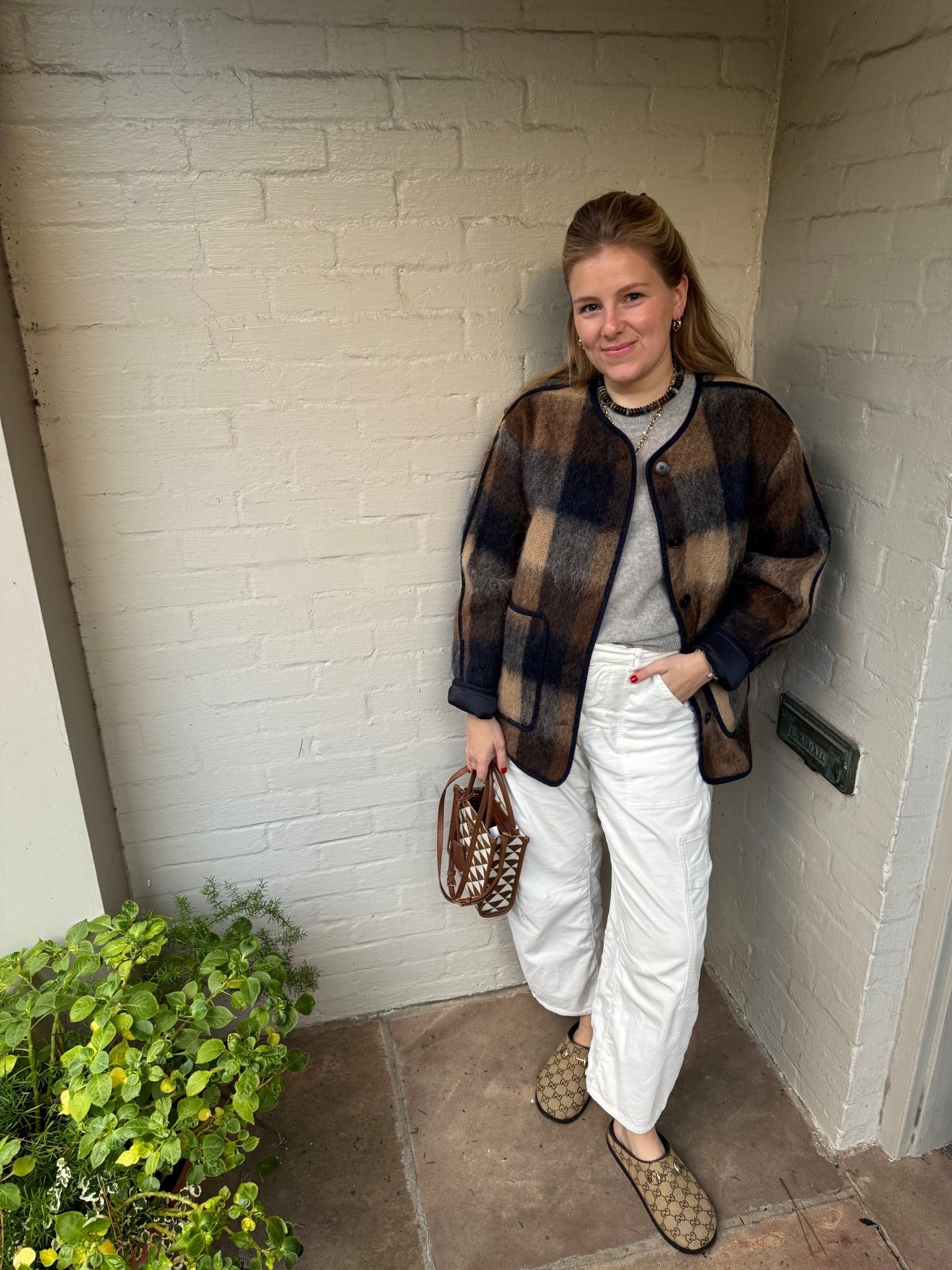 Plaid jacket
Ivory cords
Gray short sleeve sweater
Gucci clogs