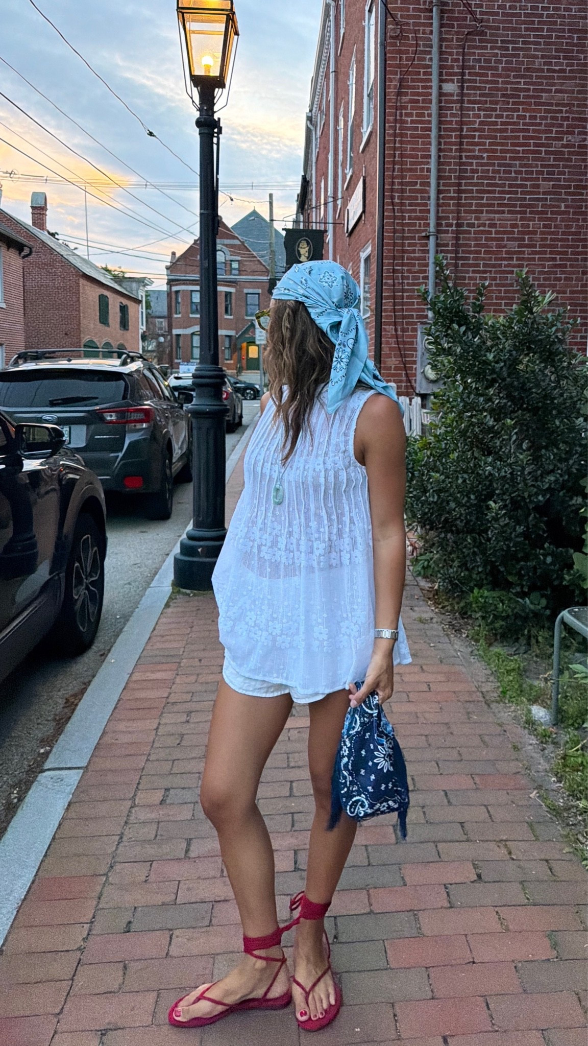 4th of July outfit! XS top and shorts are Aritzia from last year so linked similar! My shoes are in red but the mocha shade is similar! Bag is from Le Nodo and jewels are ALV