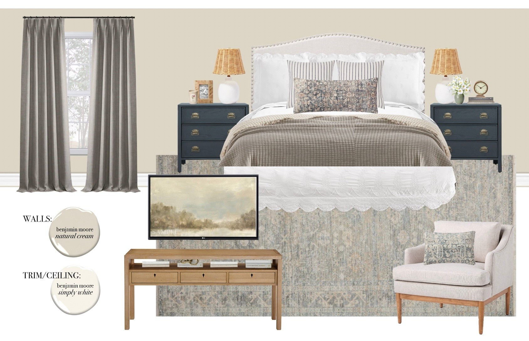 Modern-Classic Bedroom Design ✨
#arearug #bedroomfurniture #nightstands #curtains #accenttable #accentchair #bedding #guestroom 

#LTKHome