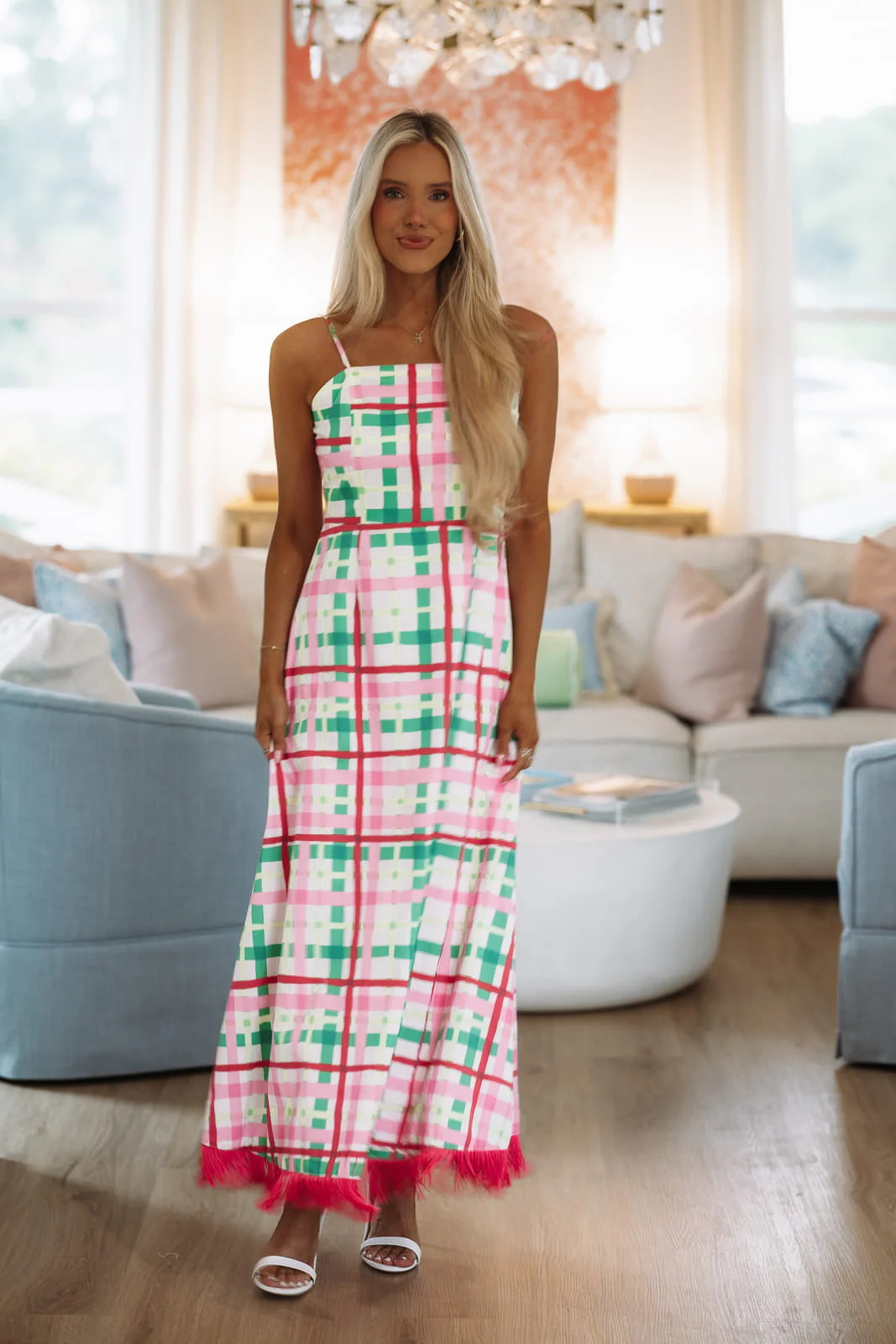 Grid & Fringe Maxi Dress - Pink, White and Green | Hazel and Olive