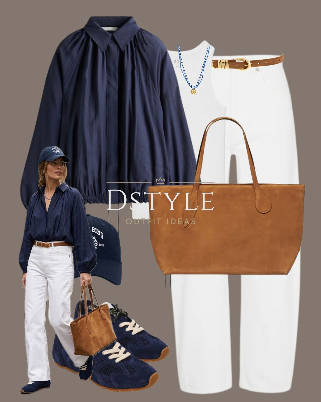 Sporty meets sophisticated ⚾️ Giving my white denim a casual twist with a navy balloon-sleeve blouse and matching trainers. This suede tote is the perfect "carry everything" bag for busy days on the go. Casual Friday, found! 👟

#LTKootd