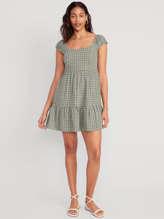 Fit & Flare Cap-Sleeve Plaid Smocked Mini Dress for Women | Old Navy (US)