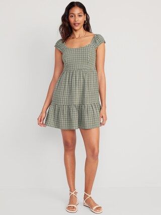 Fit & Flare Cap-Sleeve Plaid Smocked Mini Dress for Women | Old Navy (US)
