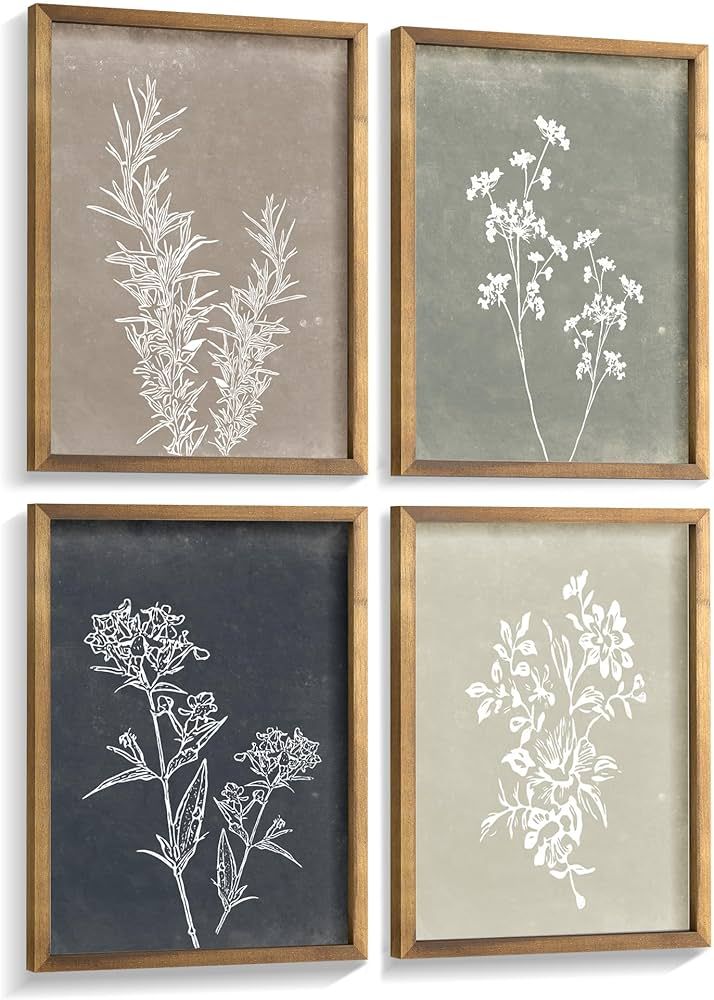 Framed Boho Wall Art Set of 4 for Wooded Minimalist Botanical Print Wall Art for Rustic Vintage F... | Amazon (US)