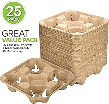 4 Cup Disposable Coffee Tray (25 Count) - Biodegradable and Compostable Cup Holder - Durable Drin... | Amazon (US)