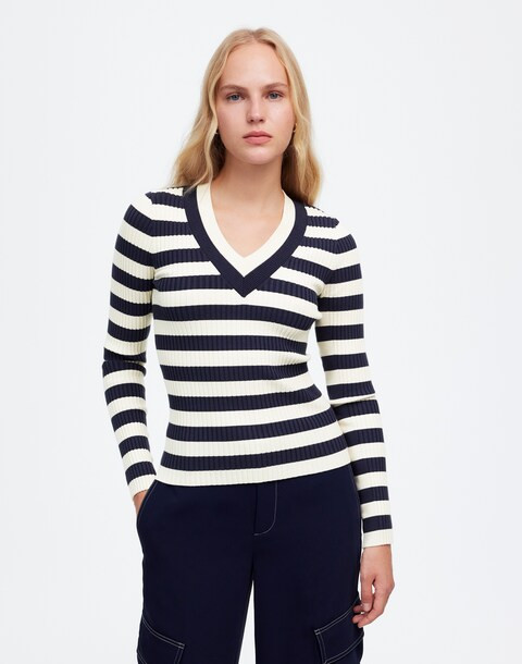 V-Neck Sweater in Stripe | Madewell