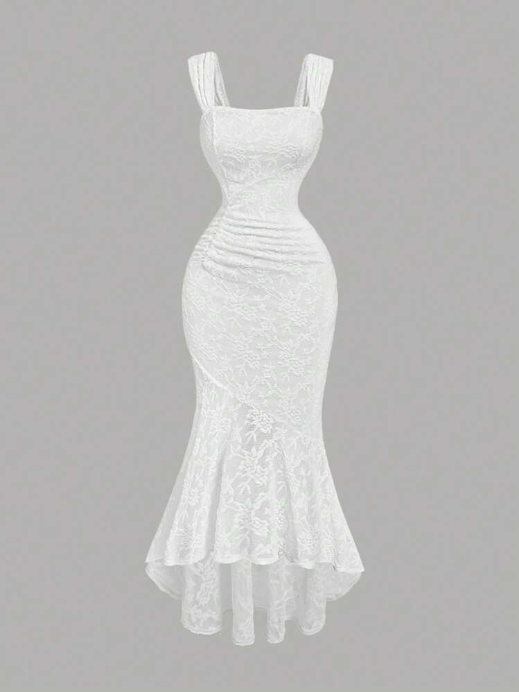 SHEIN MOD Women Sleeveless Asymmetrical Hem Ruched Side Flocked Cami Dress, Sexy Women Dresses,New Year Women Dress,Masquerade Ball Dress,Fairy Costume Dress,Fairy Dress,White Women Dresses,Homecoming Dresses,Festival Clothes | SHEIN