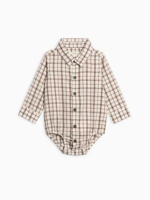Kendi Theo Poplin Collar Bodysuit in Taupe Plaid at Nordstrom, Size 3-6M | Nordstrom