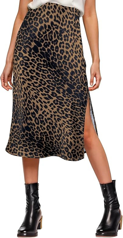 Womens Satin Silk High Waist Slit Midi Skirt Elastic Waistband Midi Skirts for Women | Amazon (US)