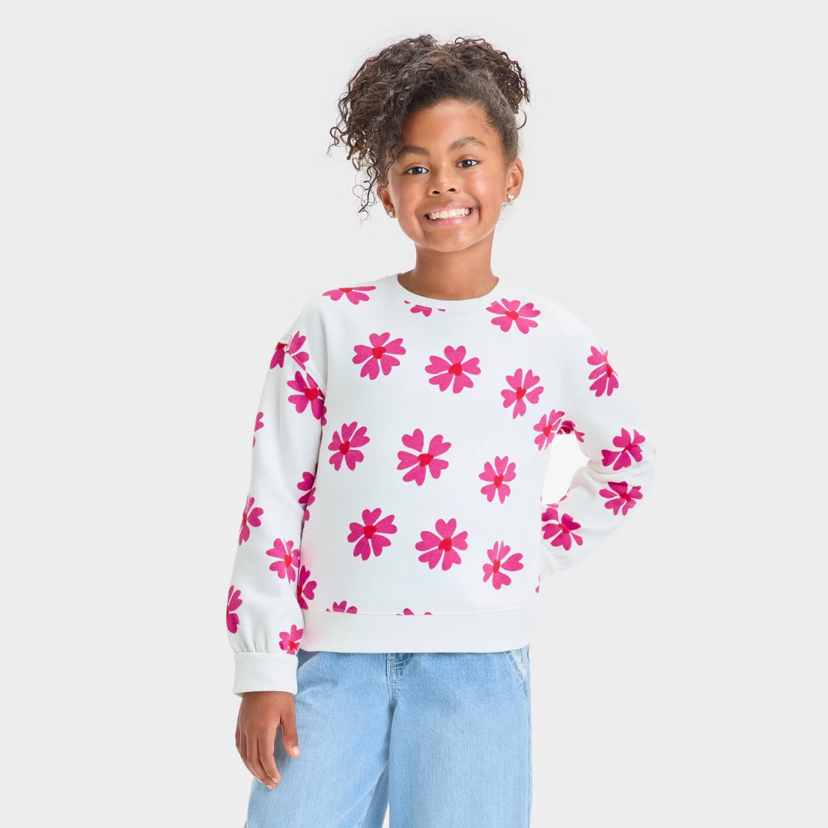 Girls' Floral Valentine's Day Fleece Crew Neck Pullover Sweatshirt - Cat & Jack™ Cream M | Target