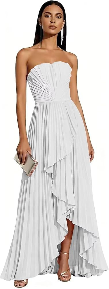 Strapless Bridesmaid Dresses for Women 2026 Pleated Satin Hi-Lo Formal Dress for Wedding Guest | Amazon (US)