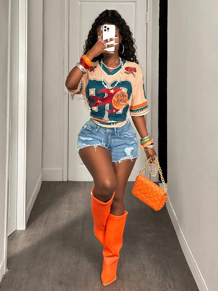 BamGleam V-Neck Letter & Numeral Print Casual Summer Short Sleeve T-Shirt | SHEIN