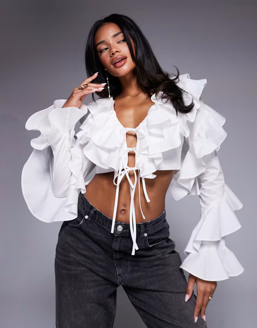 ASOS LUXE cotton poplin exaggerated ruffle blouse in white | ASOS (Global)