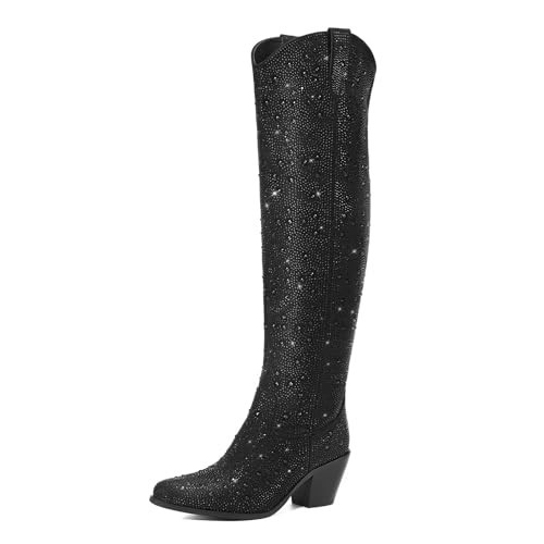 Rollda Rhinestone Cowboy Boots, Sparkly Over the Knee Cowgirl Boots, Pointed Toe Knee High Boots with Chunky Heel Thigh High Boots | Amazon (US)