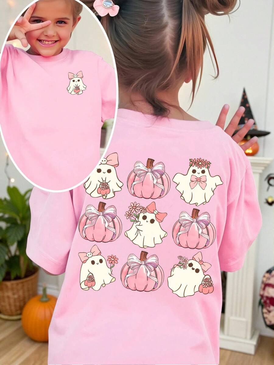 SHEIN Girls' Round Neck Pink Tee With Cute Cartoon Halloween Graphics Kawaii Clothes Cute Clothin... | SHEIN