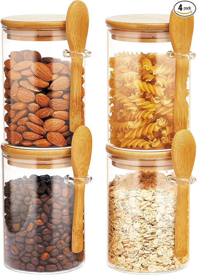Set of 4 Airtight Glass Jars with Bamboo Lids and Spoons, 22 OZ Glass Food Storage Jars Perfect f... | Amazon (US)
