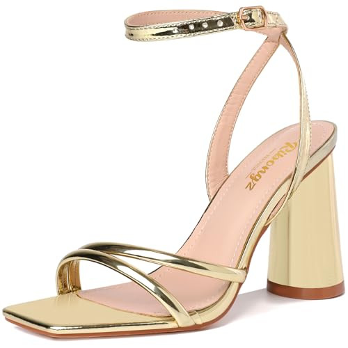 RIBONGZ Gold Heeled Sandals for Women Strappy High Block Heels Square Open Toe Ankle Strap Chunky Heeled Sandals Wedding Bridal Shoes High Heel Sandals for Party Dress 11 | Amazon (US)