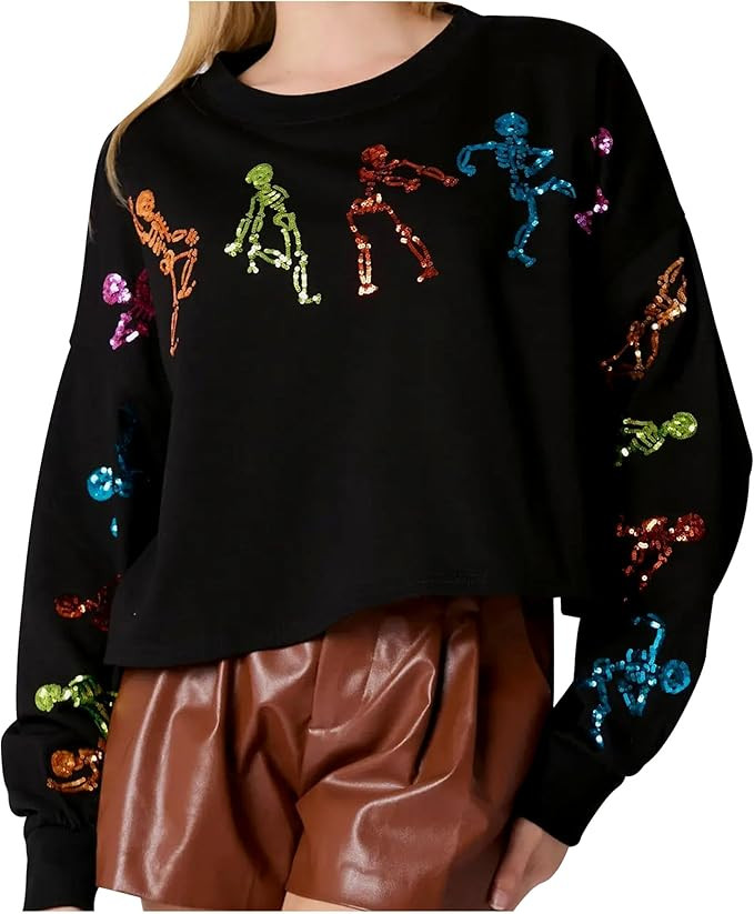 Halloween Women Sequin Sweatshirt Vintage Skeleton Graphic Sweater Tops Crewneck Long Sleeve Y2k ... | Amazon (US)