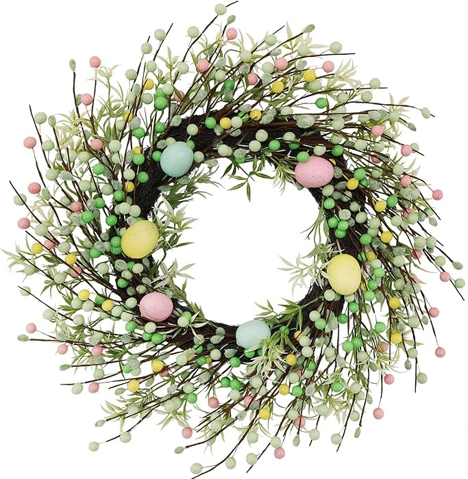20" Easter Wreath – Pink, Green Yellow Berry & Egg Wreaths for Front Door, Spring Easter Wreath... | Amazon (US)
