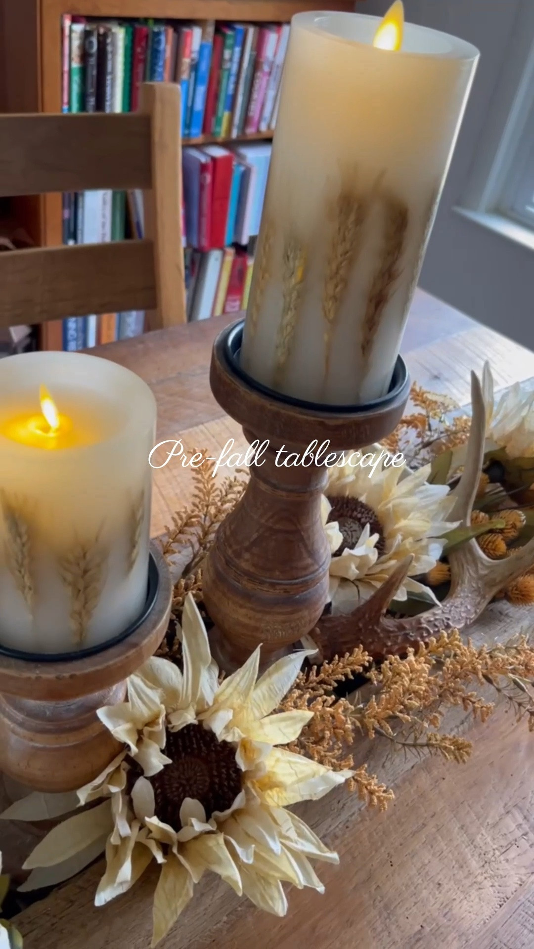 Pre-fall dining room tablescape decor with white sunflowers and brown wheat stems

#LTKSeasonal #LTKHome #LTKSaleAlert