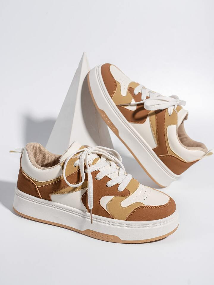 Colorblock Lace-up Front Skate Shoes, Brown Preppy Style Color Block Sneakers | SHEIN