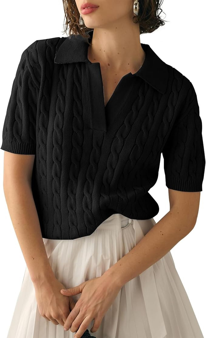 Imily Bela Women's Cable Short Sleeve Sweaters Tops Solid Lapel V Neck Knit Casual Soft Pullover ... | Amazon (US)