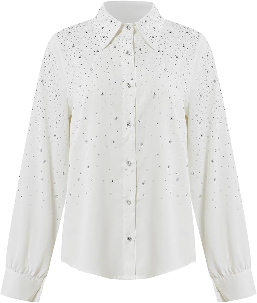 Aiscan Women's Button Down Long Sleeve Rhinestone Decoration Office Loose Work Shirt | Amazon (US)