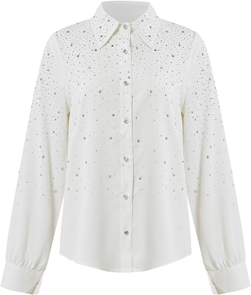 Aiscan Women's Button Down Long Sleeve Rhinestone Decoration Office Loose Work Shirt | Amazon (US)