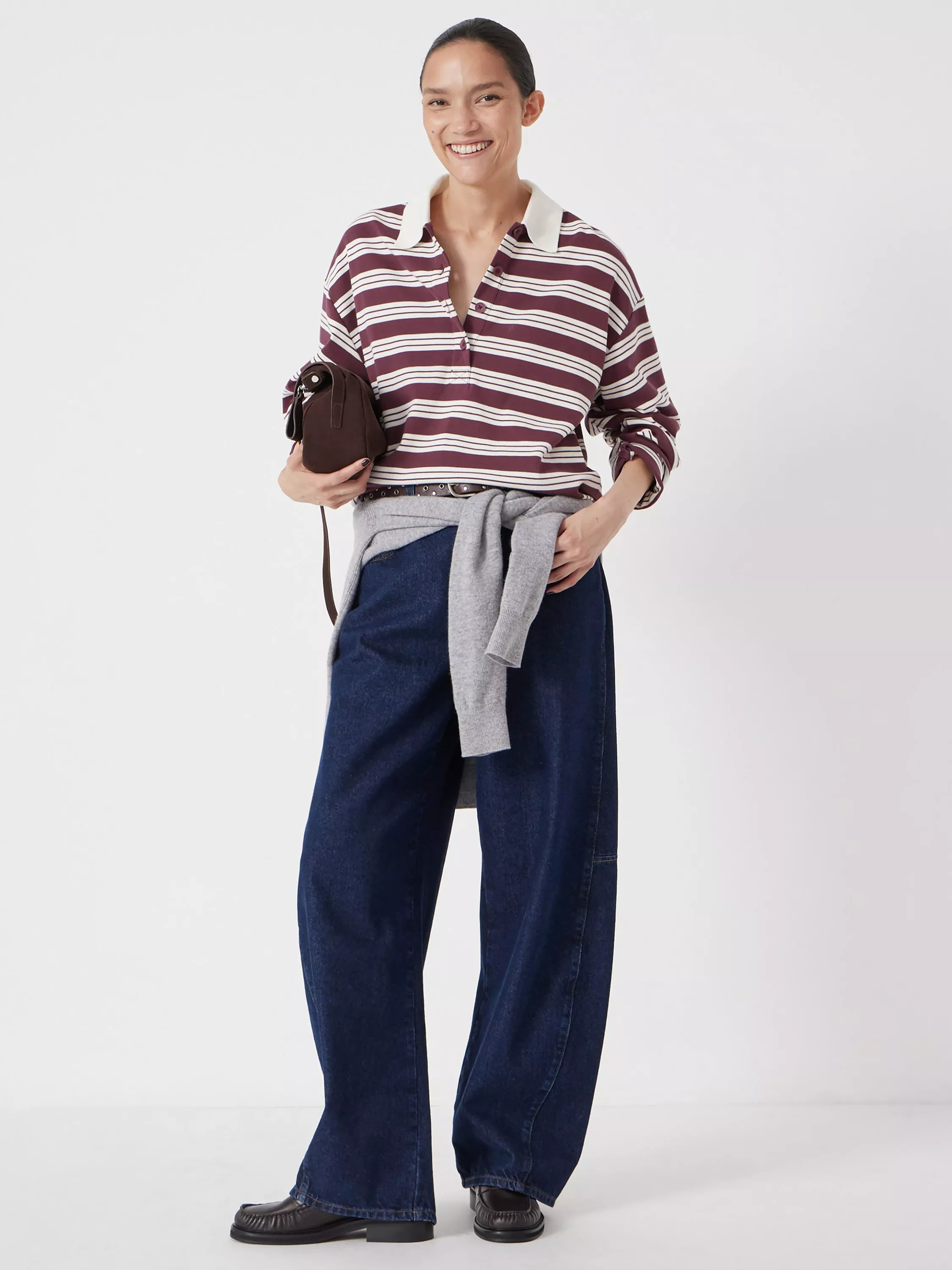 HUSH Stripe Long Sleeve Polo Shirt, Brown/Multi | John Lewis (UK)