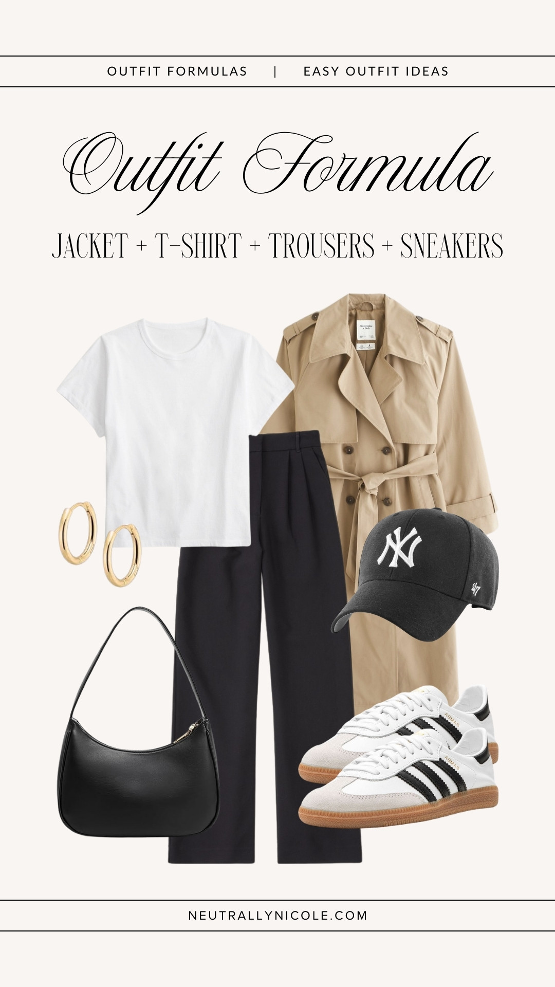 Outfit formulas for easy everyday outfits ft capsule wardrobe staples | casual outfit, tailored pants outfit, spring outfit, brunch outfit, trench coat outfit, adidas sambas decon sneakers, neutral outfit, neutral style, amazon fashion, abercrombie jeans // Neutrally Nicole, @neutrallynicole, neutrallynicole.com 

 #LTKootd #LTKSaleAlert #LTKTravel