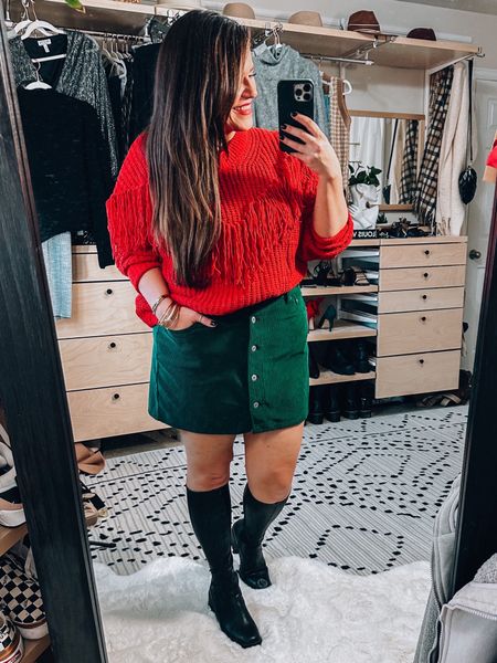 Walmart holiday outfit midsize (size 14) Super cozy red fringe sweater- sized up to an xxl for loose fit Corduroy green skirt wearing a size 15 Knee high boots- Walmart- nordstrom- crossbody- black purse- holiday outfit- holiday outfit inspo- outfit inspo- holiday outfit ideas- Christmas outfit inspo- 

#LTKHoliday #LTKcurves #LTKSeasonal