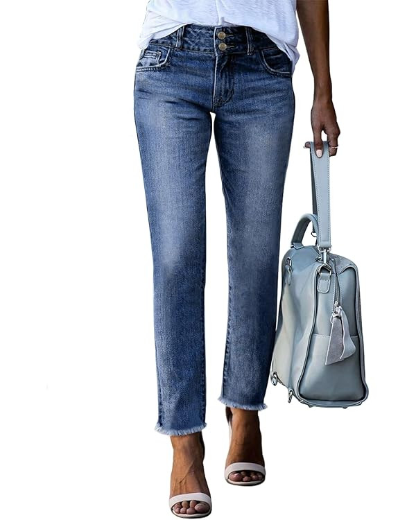 Sidefeel Women's High Waisted Jeans Strechy Fashion Raw Hem Straight Leg Ankle Denim Pants with P... | Amazon (US)