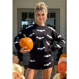 Nightfall Bat Jacquard Knit Sweater and Shorts Set for Halloween Outings & Weekend Days | Chicwish