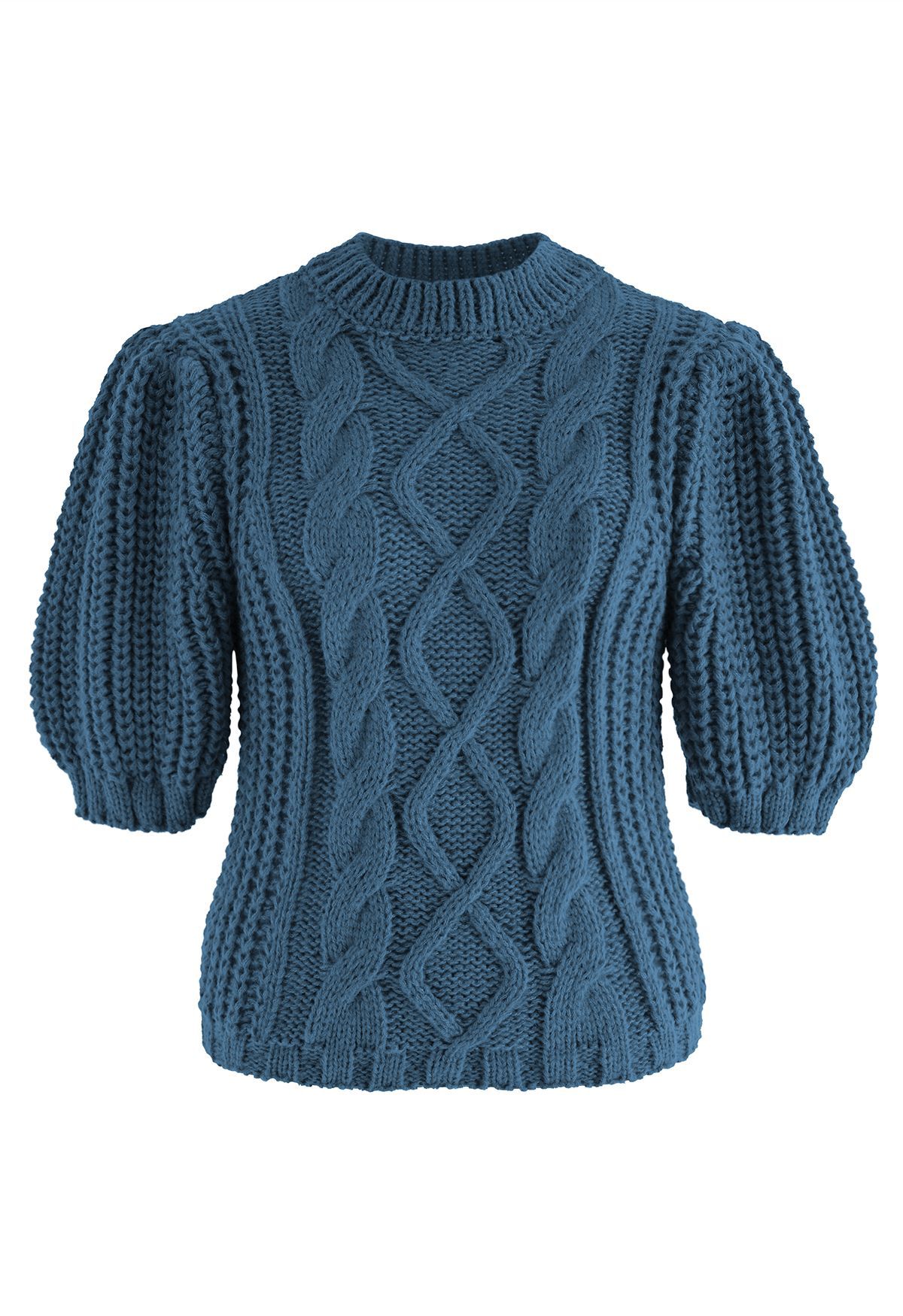 Bubble Sleeve Braided Ribbed Sweater in Indigo | Chicwish