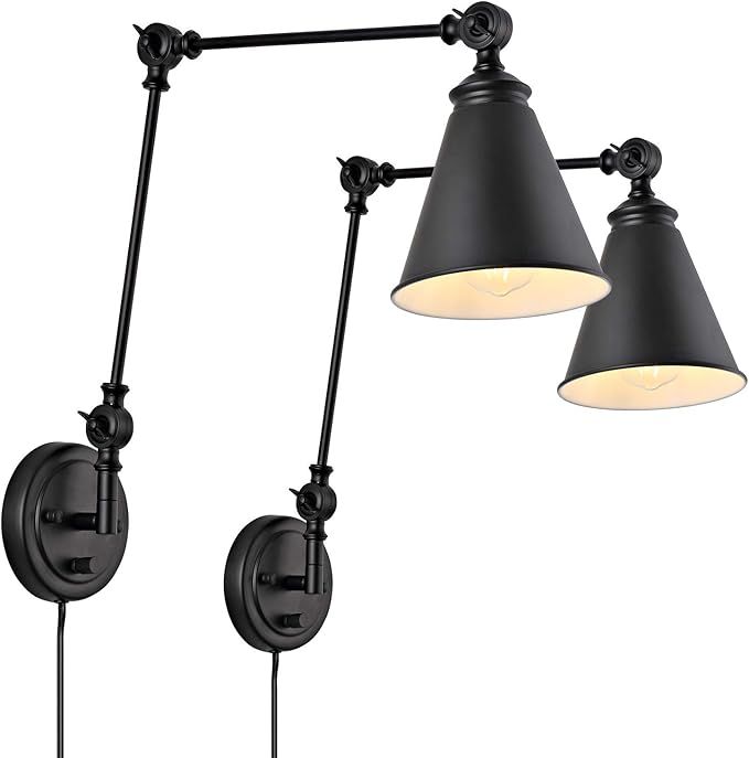 WINGBO Industrial Swing Arm Wall Lamp Set of 2, Farmhouse Style Black Wall Sconce Lighting, Adjus... | Amazon (US)