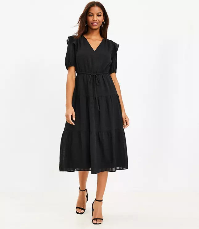Petite Ruffle V-Neck Midi Dress | LOFT