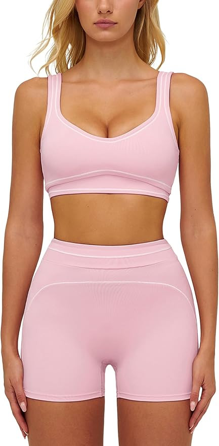 ABOCIW Womens Workout Sets Color Block Sports Bra Matching High Waist Shorts 2 Piece Gym Yoga Pil... | Amazon (US)