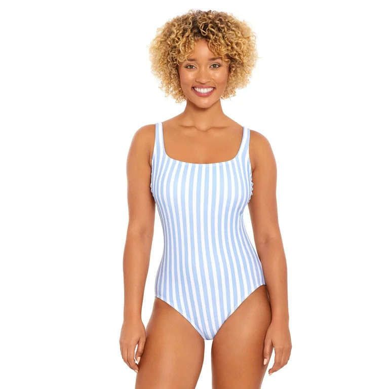 Time and Tru Women's and Plus Size Pique Stripe Square Neck One Piece Swimsuit, Sizes XS-3X | Walmart (US)