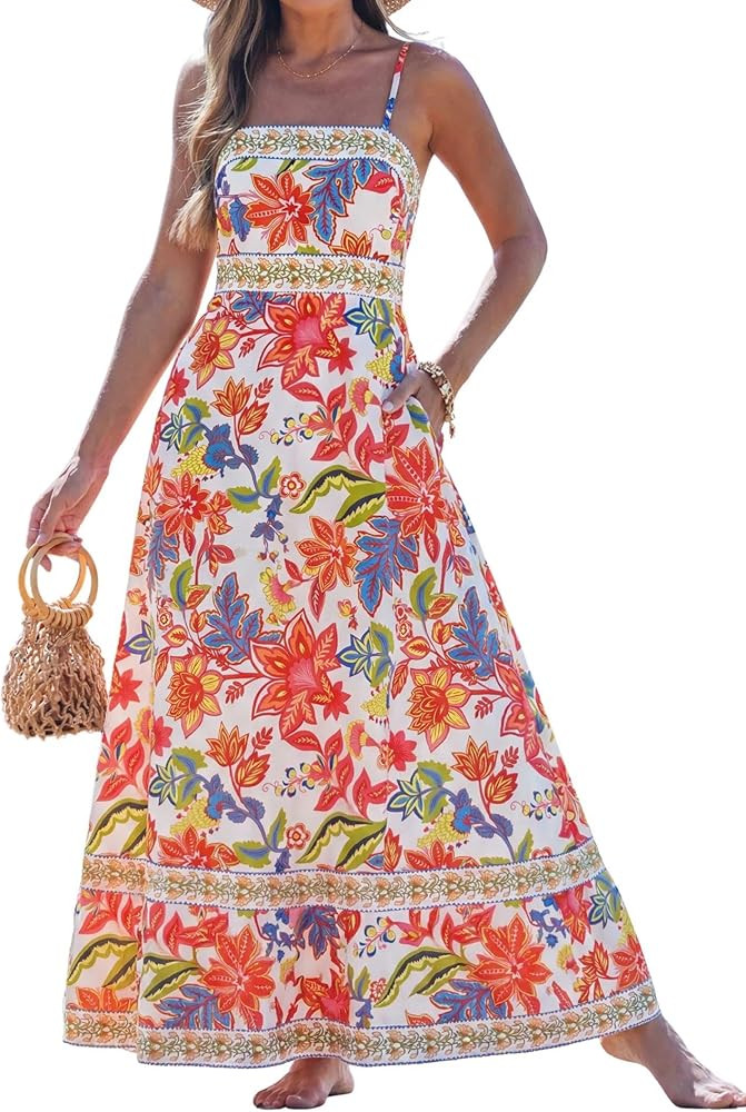 popvil Women Summer Maxi Dress 2026 Spaghetti Strap Long Beach Dress Boho A-Line Flowy Casual Sle... | Amazon (US)