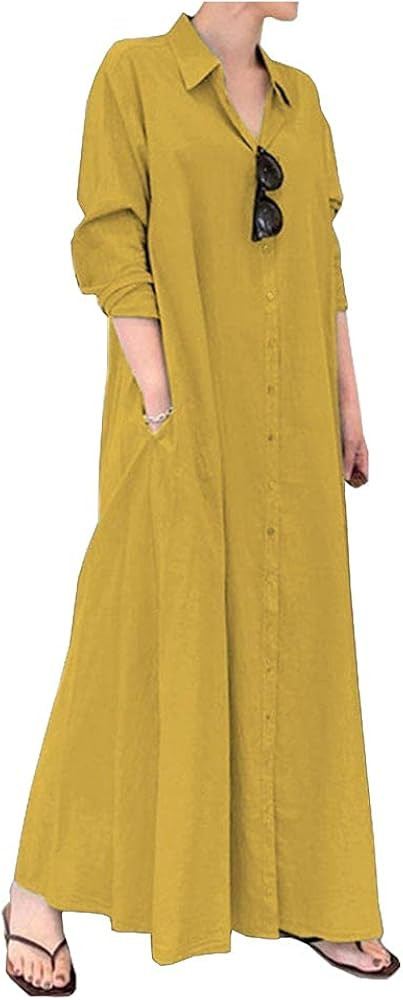 Ladyful Women's Casual Button Down Cotton Linen Long Shirt Dress | Amazon (US)